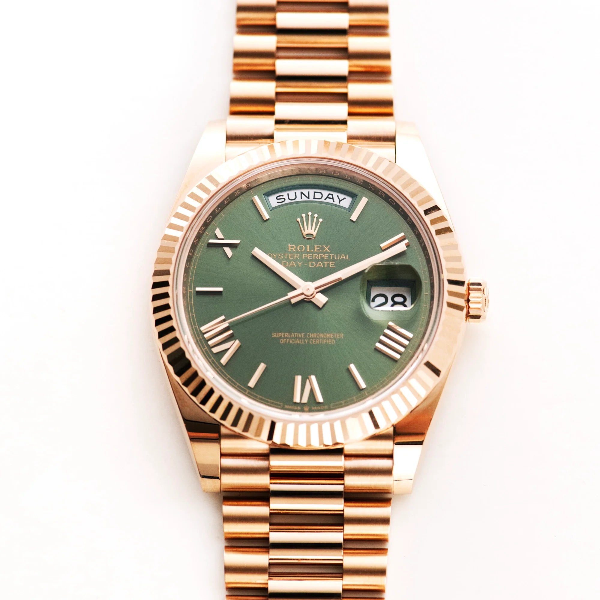 Rolex Olive Green Rose Gold Day-Date 228238 Men's Wristwatch 40 mm